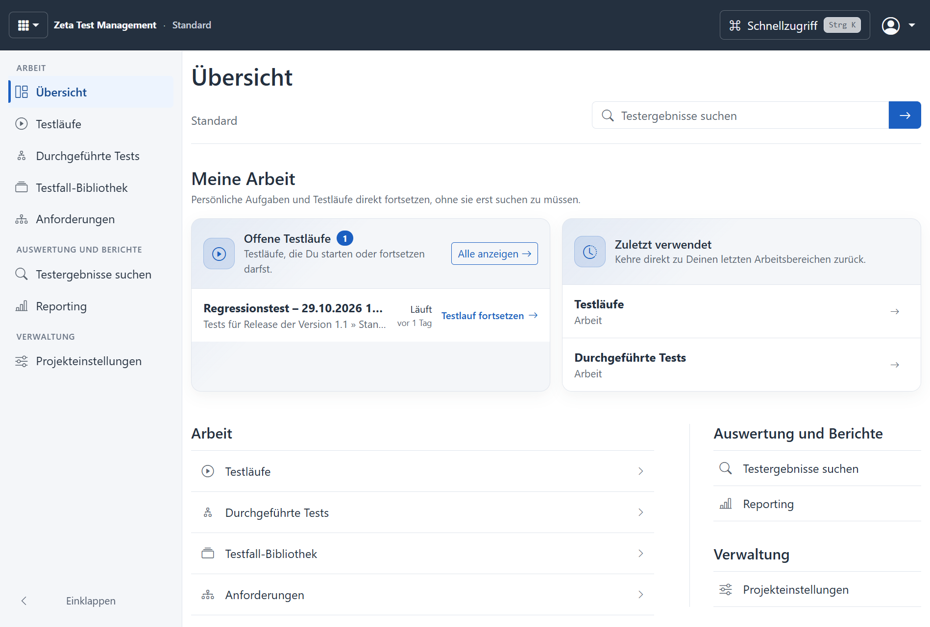 Projektübersicht im Web-Client mit Testläufen und Ergebnisübersicht